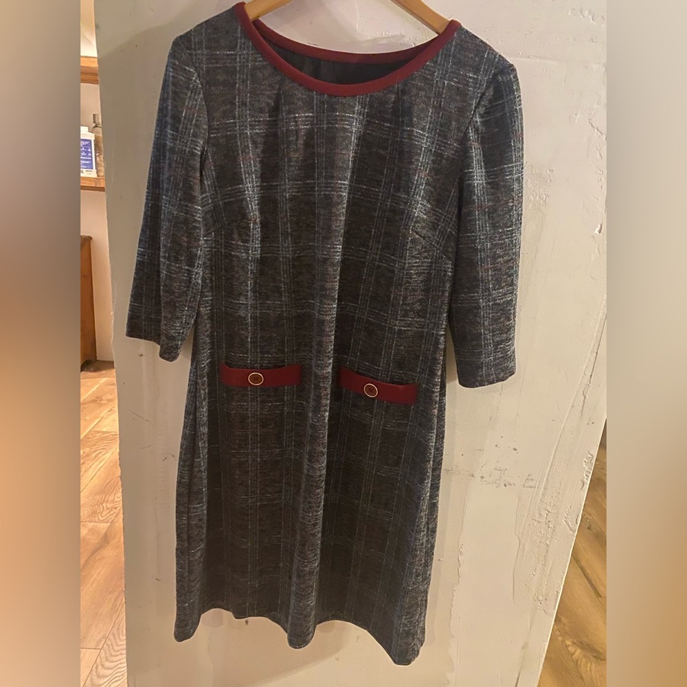Connected Apparel Plaid Dress with Red Details